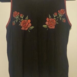 Vintage Floral Embroidered Black Tank Top